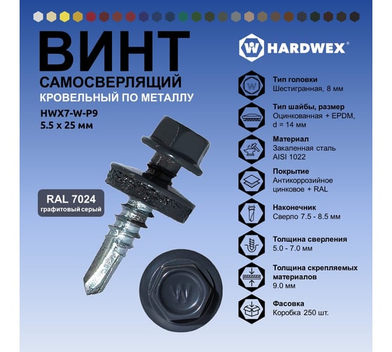 Саморез кровельный по металлу HARDWEX ТМ HWX7-W-P9-5.5x25 мм, св.№3, RAL 7024, 250 шт. 5190000023972