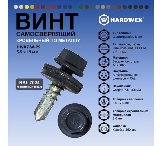 Саморез кровельный по металлу HARDWEX ТМ HWX7-W-P9-5.5x19 мм, св.№3, RAL 7024, 250 шт. 5190000023682