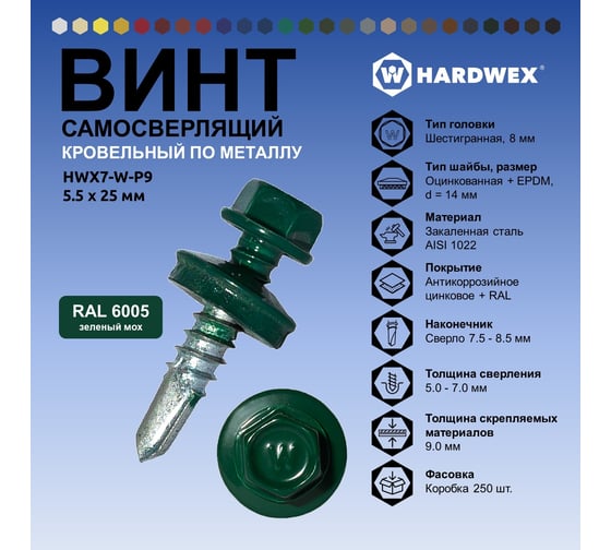 Саморез кровельный по металлу HARDWEX ТМ HWX7-W-P9-5.5x25 мм, св.№3, RAL 6005, 250 шт. 5190000023934