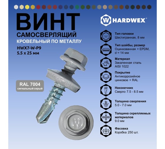 Саморез кровельный по металлу HARDWEX ТМ HWX7-W-P9-5.5x25 мм, св.№3, RAL 7004, 250 шт. 5190000023958