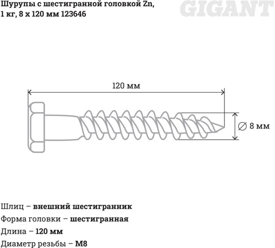 Шурупы с шестигранной головкой Gigant 8.0x120, Zn, 1 кг 123646