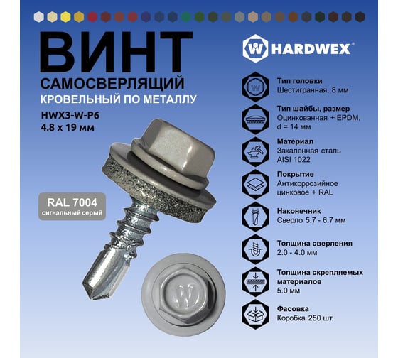 Саморез кровельный по металлу HARDWEX ТМ HWX4-W-P7-4.8x19 мм, св.№2, RAL 7004, 250 шт. 5190000000607