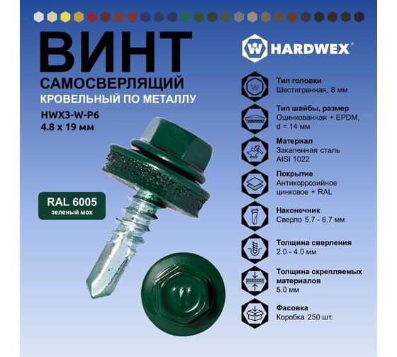 Саморез кровельный по металлу HARDWEX ТМ HWX4-W-P7-4.8x19 мм, св.№2, RAL 6005, 250 шт. 5190000000584