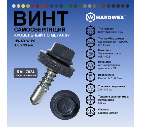Саморез кровельный по металлу HARDWEX ТМ HWX4-W-P7-4.8x19 мм, св.№2, RAL 7024, 250 шт. 5190000000621