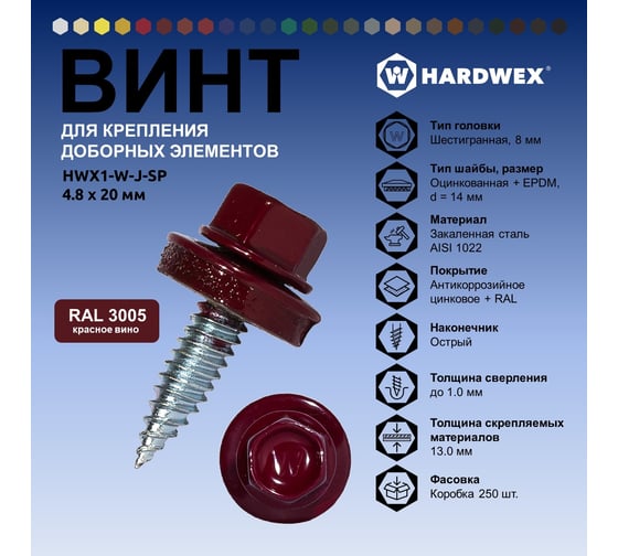 Саморез для доборных элементов HARDWEX ТМ HWX1-W-J-SP-4.8x20 мм, RAL 3005, 250 шт. 5190000001130