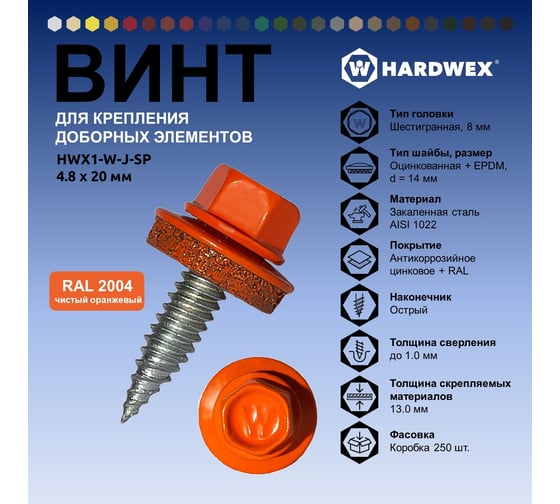 Саморез для доборных элементов HARDWEX ТМ HWX1-W-J-SP-4.8x20 мм, RAL 2004, 250 шт. 5190000001116