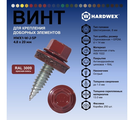 Саморез для доборных элементов HARDWEX ТМ HWX1-W-J-SP-4.8x20 мм, RAL 3009, 250 шт. 5190000001147