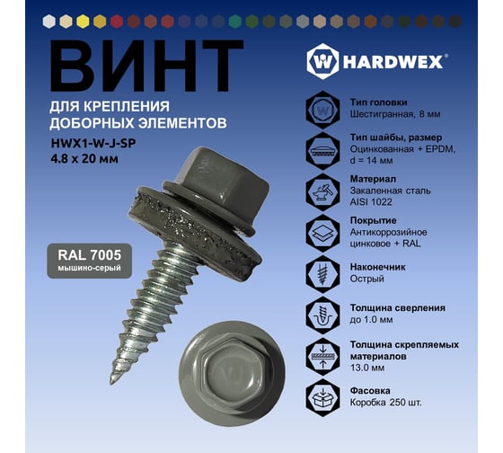 Саморез для доборных элементов HARDWEX ТМ HWX1-W-J-SP-4.8x20 мм, RAL 7005, 250 шт. 5190000001253