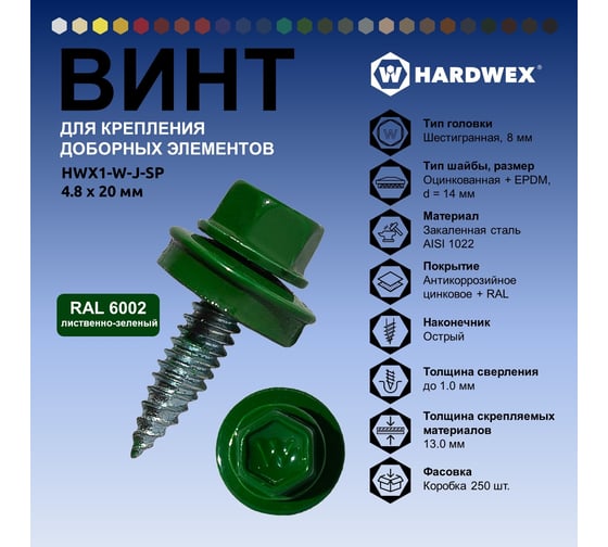 Саморез для доборных элементов HARDWEX ТМ HWX1-W-J-SP-4.8x20 мм, RAL 6002, 250 шт. 5190000001215