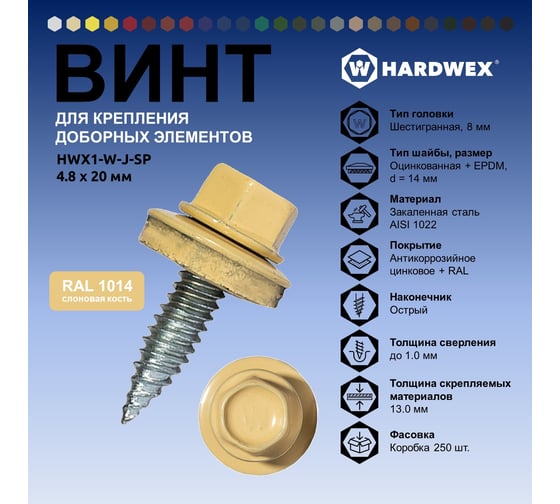 Саморез для доборных элементов HARDWEX ТМ HWX1-W-J-SP-4.8x20 мм, RAL 1014, 250 шт. 5190000001086