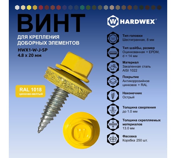 Саморез для доборных элементов HARDWEX ТМ HWX1-W-J-SP-4.8x20 мм, RAL 1018, 250 шт. 5190000001109