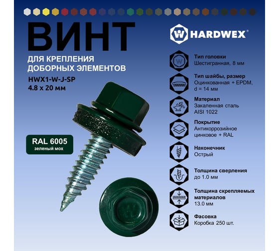 Саморез для доборных элементов HARDWEX ТМ HWX1-W-J-SP-4.8x20 мм, RAL 6005, 250 шт. 5190000001222