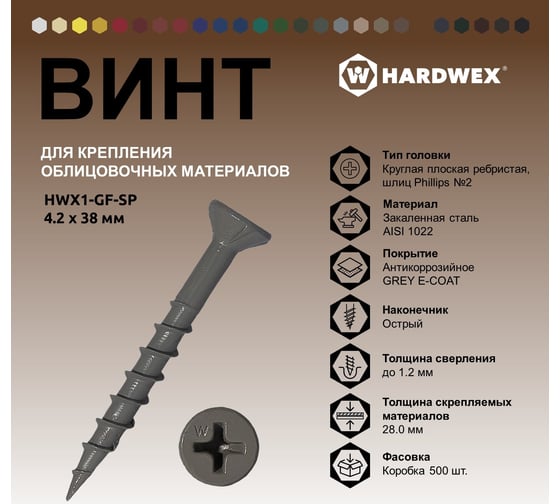 Саморез для облицовочных панелей HARDWEX ТМ HWX1-GF-SP-4.2x38 мм, Phillips №2, GREY E-COAT, 500 шт. 5190000000317
