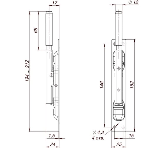 Торцевая задвижка FUARO D12x80 мм (TDB set 160-24) в комплекте с ригелем RIGEL-set/160 40709