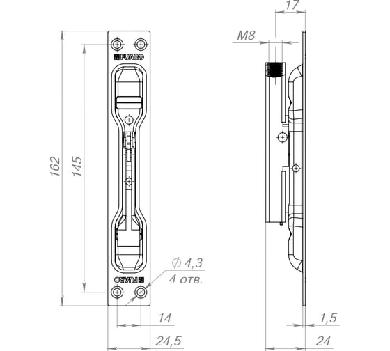 Торцевая задвижка FUARO D12x60 мм (TDB set 160-24) в комплекте с ригелем RIGEL-set/160 45279