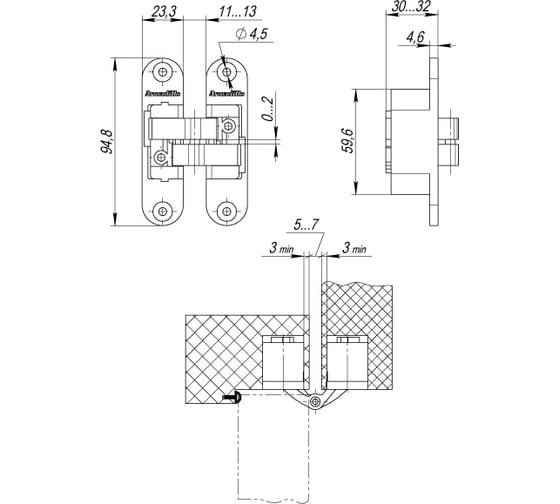 Петля скрытой установки ARMADILLO U3D4200L CP левая (Architect 3D-ACH 40) хром 40 кг (2 шт) 34809