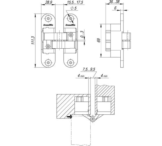 Петля скрытой установки ARMADILLO U3D6200L SC левая (Architect 3D-ACH 60) матовый хром 60 кг (2 шт) 28767