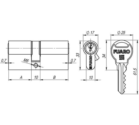 Цилиндровый механизм FUARO (R300/60) R3000Key60(25+10+25) AB бронза 5Key 26915
