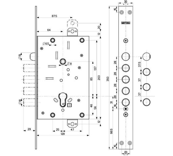 Корпус врезного замка с защёлкой MOTTURA 82.535W800B универсальный 45977