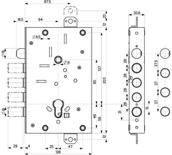 Корпус врезного замка с защёлкой MOTTURA 82.515W800B универсальный 45979