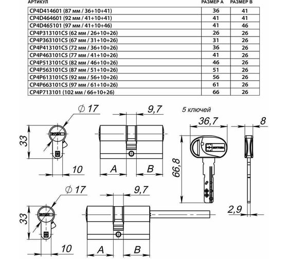 Цилиндровый механизм под вертушку MOTTURA (длинный шток) CP4P463101C5 (77 мм/41+10+26), матовый никель 38731