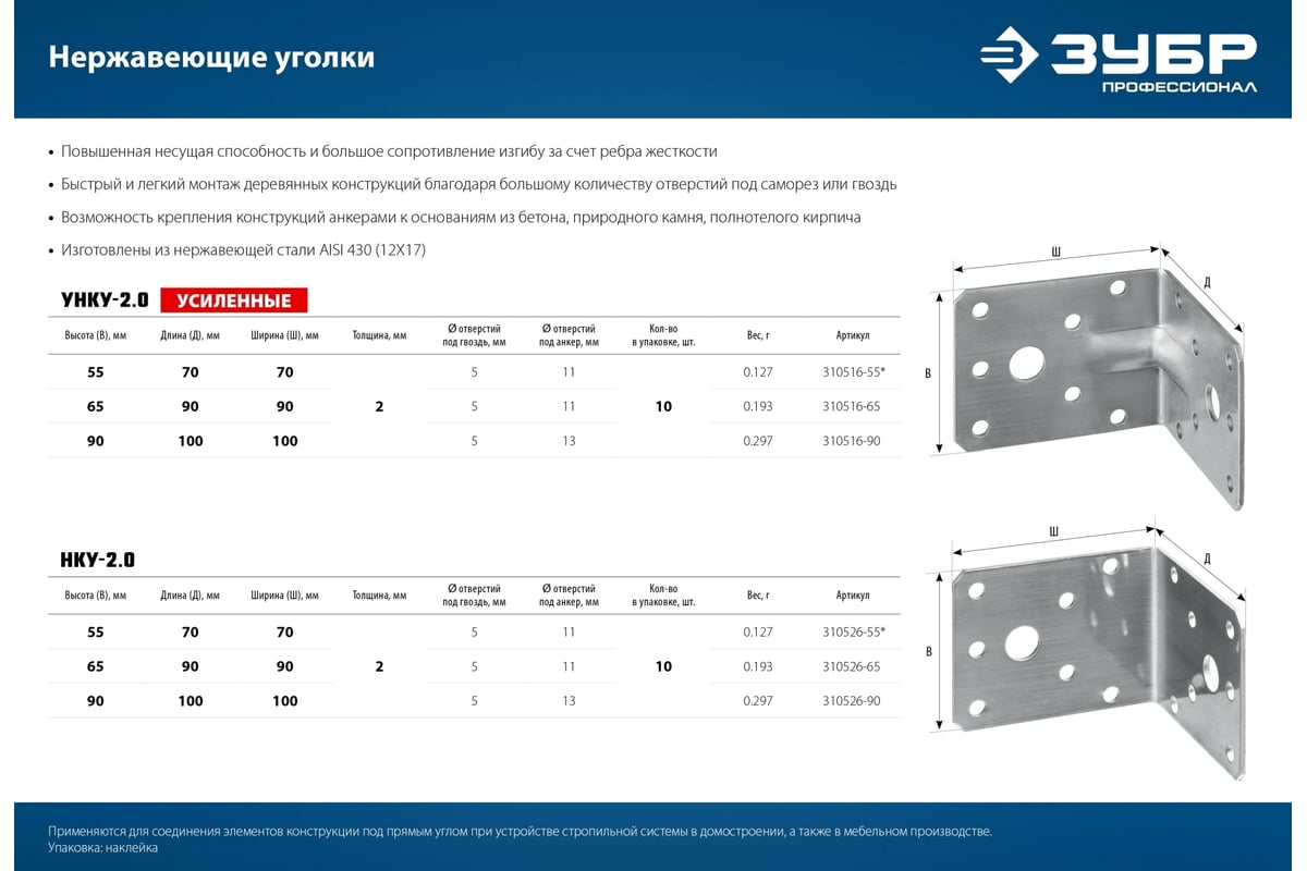 Усиленный нержавеющий крепежный уголок ЗУБР 90x100x100x2 мм унку-2.0 ...
