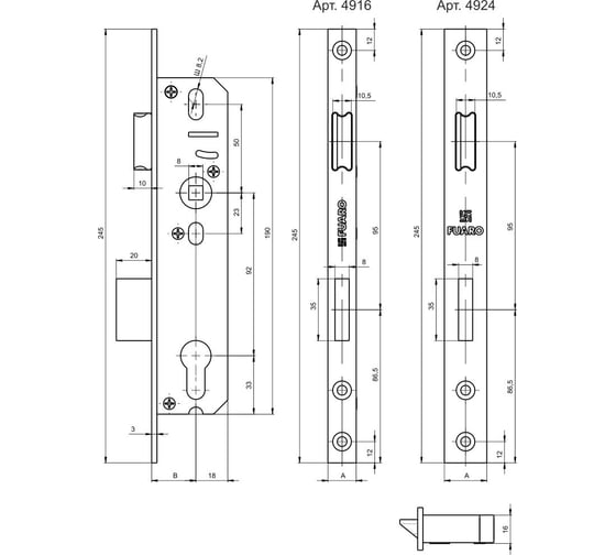 Корпус узкопрофильного замка с защелкой FUARO PROF4916-25/92 CP хром 26415