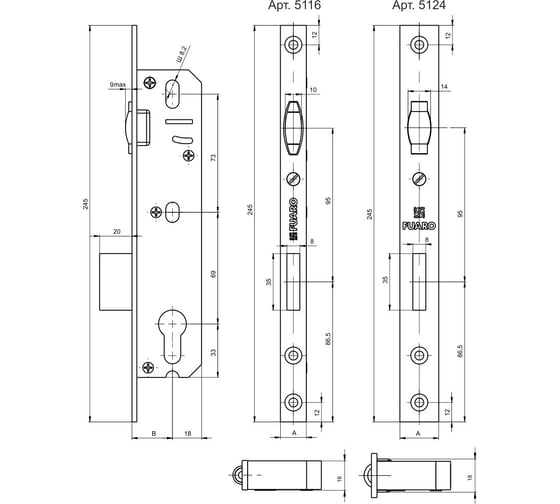 Корпус узкопрофильного замка с роликовой защёлкой FUARO PROF5116-35 CP хром 26435