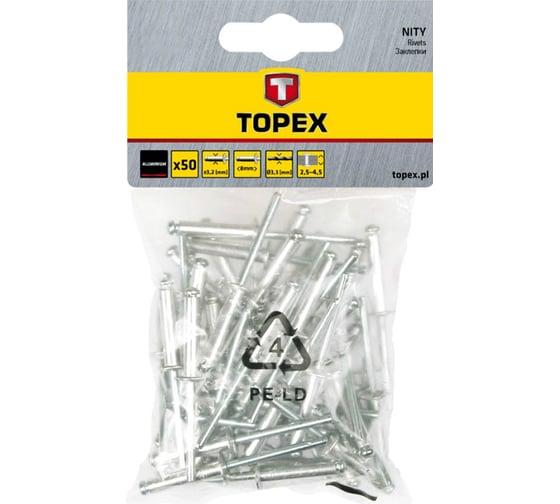 Алюминиевые заклепки TOPEX 50 шт. 43E504