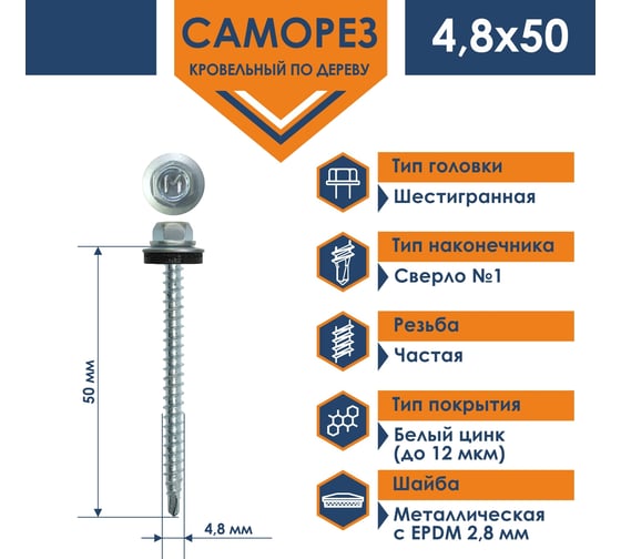 Кровельный саморез Daxmer 4,8x50 цинк сверло №1, 150шт 00000305472