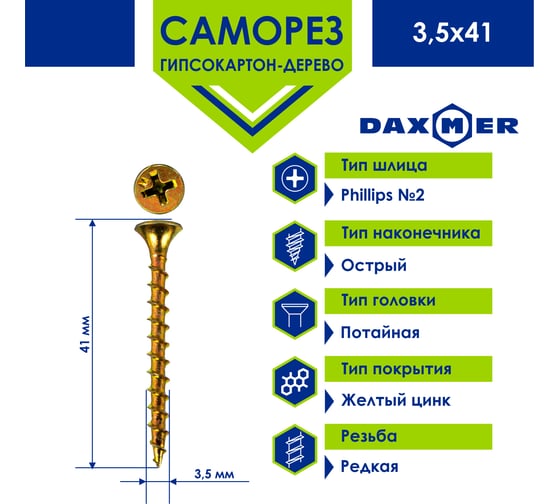 Саморез Daxmer ГКЛ по дереву усиленный 3,5x41 желтый цинк , 15 кг (~6250 шт) 00000435911