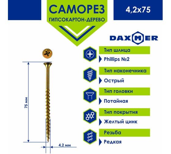 Саморез Daxmer ГКЛ по дереву усиленный 4,2x75 желтый цинк, 15 кг (~2941 шт) 00000429618