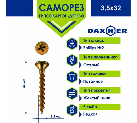 Саморез Daxmer ГКЛ по дереву усиленный 3,5x32 желтый цинк, 15 кг (~8333 шт) 00000435910