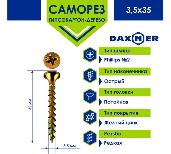 Саморез Daxmer ГКЛ по дереву усиленный 3,5x35 желтый цинк, 15 кг (~7500 шт) 00000429614