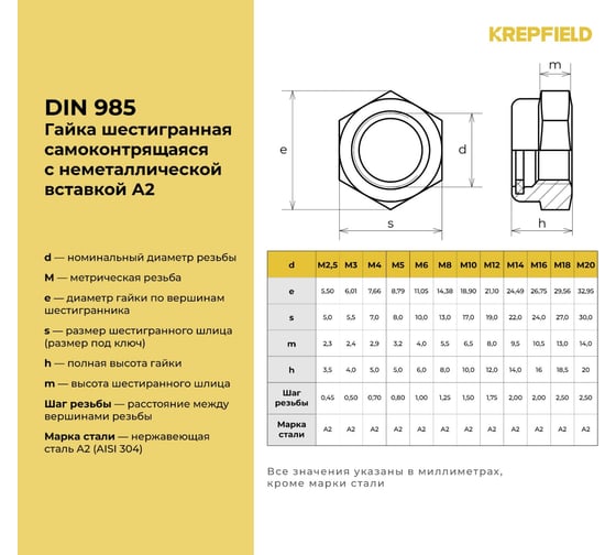 Нержавеющая самоконтрящаяся гайка KREPFIELD М5, DIN 985, А2, 50 шт. 985А2-70ГАЙКАМ5-50