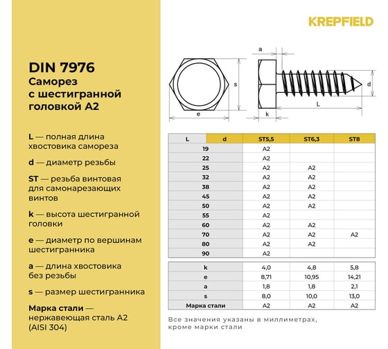 Нержавеющий саморез с шестигранной головкой KREPFIELD 5,5x55 мм, DIN 7976, А2, 20 шт. 7976А2САМОРЕЗ5.5X55-20