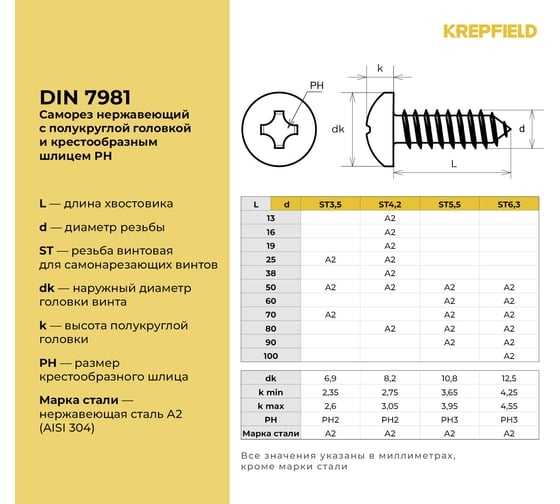 Нержавеющий саморез с полукруглой головкой KREPFIELD 5,5x45 мм, DIN 7981, А2, крестообразный шлиц PH, 20 шт. 7981А2САМОРЕЗ5.5X45-20