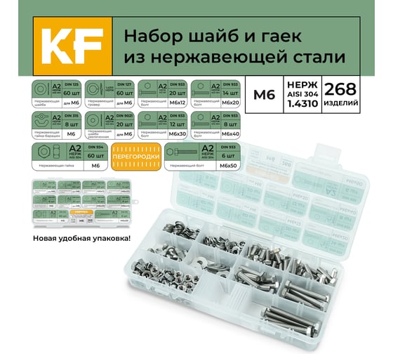 Набор болтов, шайб и гаек из нержавеющей стали KREPFIELD М6, 268 предметов в кейсе Набор07метрика268