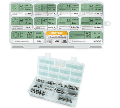 Набор болтов, шайб и гаек из нержавеющей стали KREPFIELD М8, 136 предметов в кейсе Набор08метрика136
