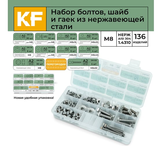 Набор болтов, шайб и гаек из нержавеющей стали KREPFIELD М8, 136 предметов в кейсе Набор08метрика136