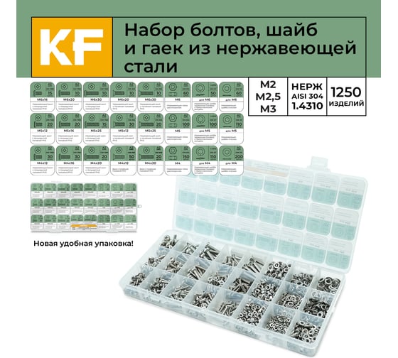 Набор нержавеющих болтов, гаек, шайб и гроверов KREPFIELD 1250 предметов в кейсе Набор03метрика1250