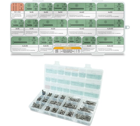 Набор нержавеющих саморезов по дереву KREPFIELD 474 предмета в кейсе Набор02дерево474