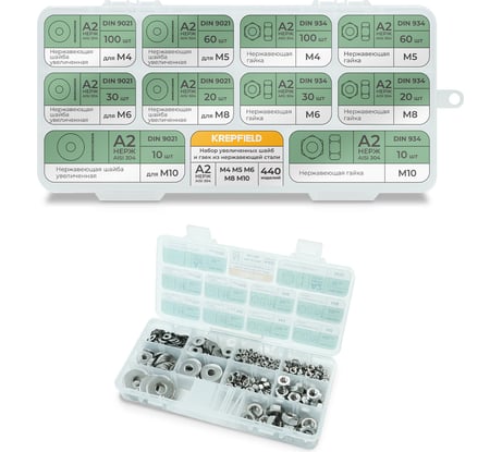 Набор увеличенных шайб и гаек из нержавеющей стали KREPFIELD М4, М5, М6, М8, М10, 440 предметов в кейсе Набор09метрика440