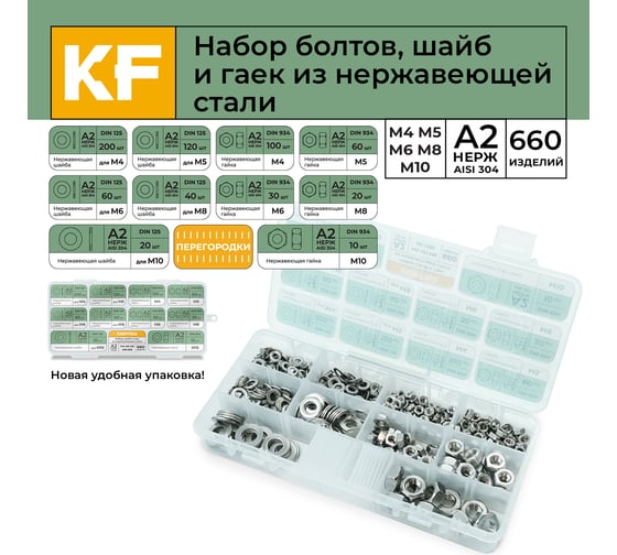 Набор шайб и гаек из нержавеющей стали KREPFIELD М4, М5, М6, М8, М10, 660 предметов в кейсе Набор10метрика660