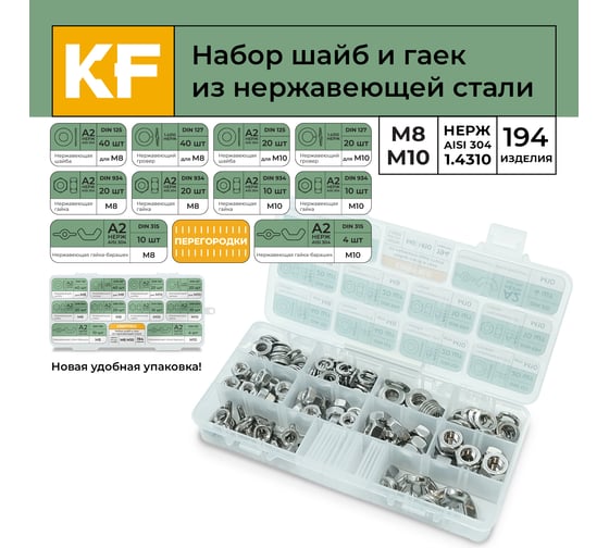 Набор шайб и гаек из нержавеющей стали KREPFIELD М8, М10, 194 предмета в кейсе Набор04метрика194