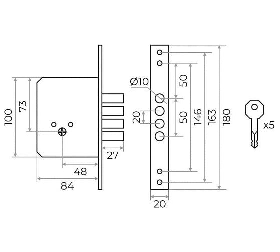 Врезной замок Marlok 189-4mf- 5 ключей, pв (золото), черный корпус 011380