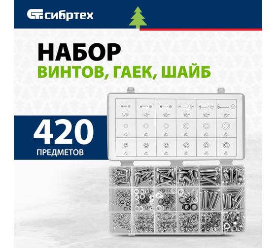 Набор винтов, гаек, шайб СИБРТЕХ 420 предметов 47617