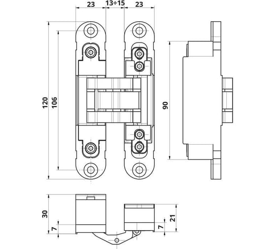 Скрытая петля OTLAV 3D, универсальная, 120x23 мм, 60 кг, 4 колпачка OTL1350.01/MP