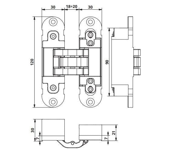 Скрытая петля OTLAV 3D, универсальная, с4 накладками, 120x30 мм, 60 кг, ЦАМ OTL1308.28/MP