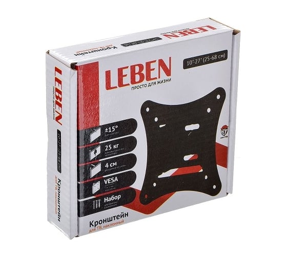 Кронштейн для ТВ LEBEN наклонный, 10"-27", до 25 кг, 75x75 до 100x100 мм 469-197